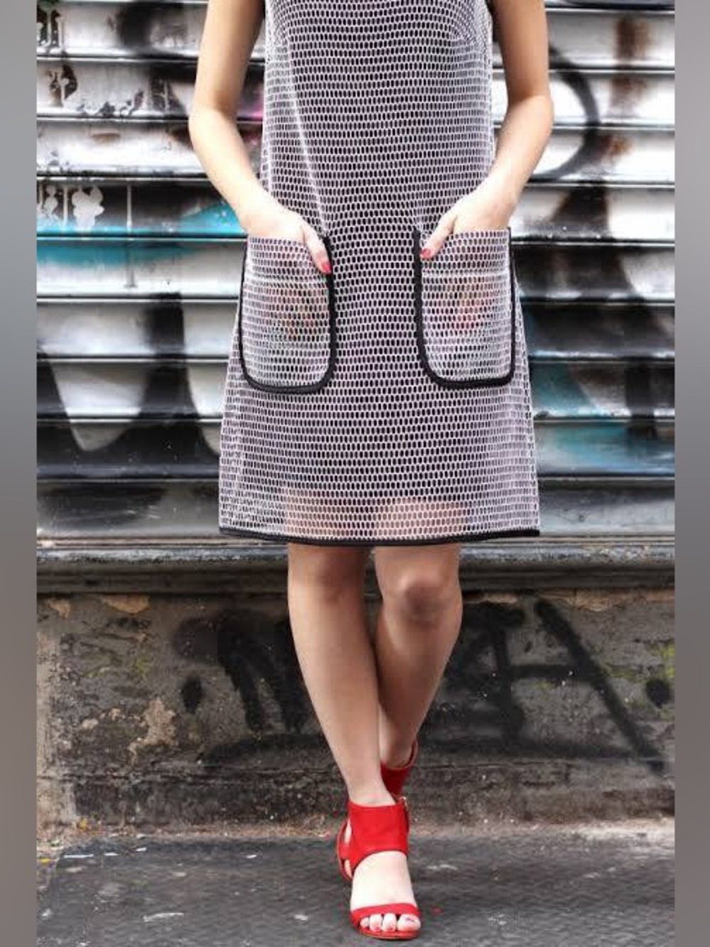 W by Worth Mesh Sleeveless Shift Dress with Oversized Pocket Detail White Black